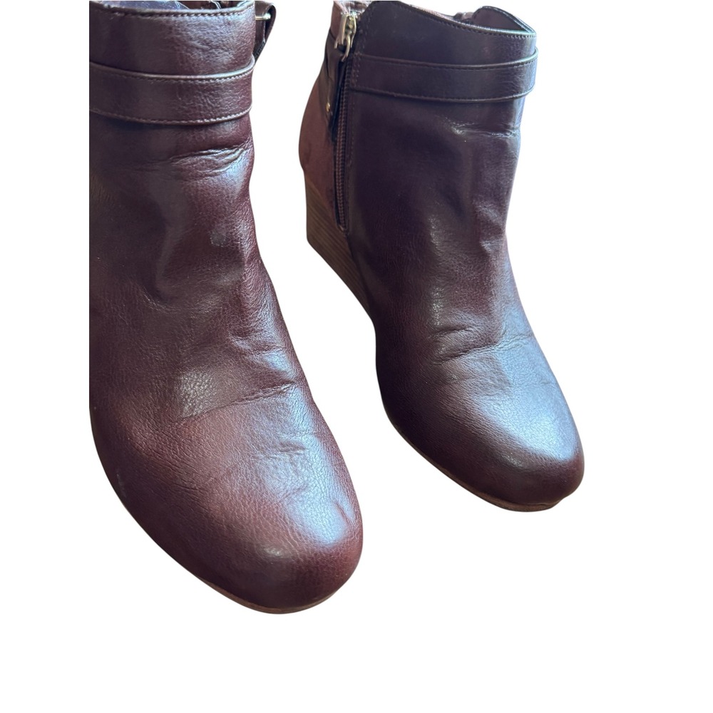 Dr. Scholl's Wedge Ankle Boots Women 7M Brown Leather Suede Buckle Double Bootie - Picture 4 of 9